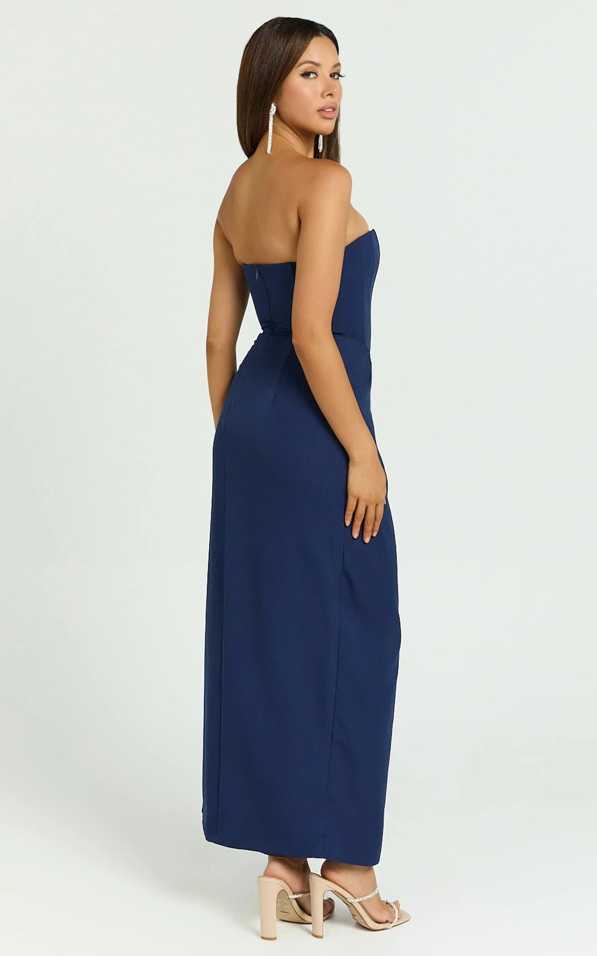 Avery Midi Dress - Strapless Draped Side Split Dress in Navy