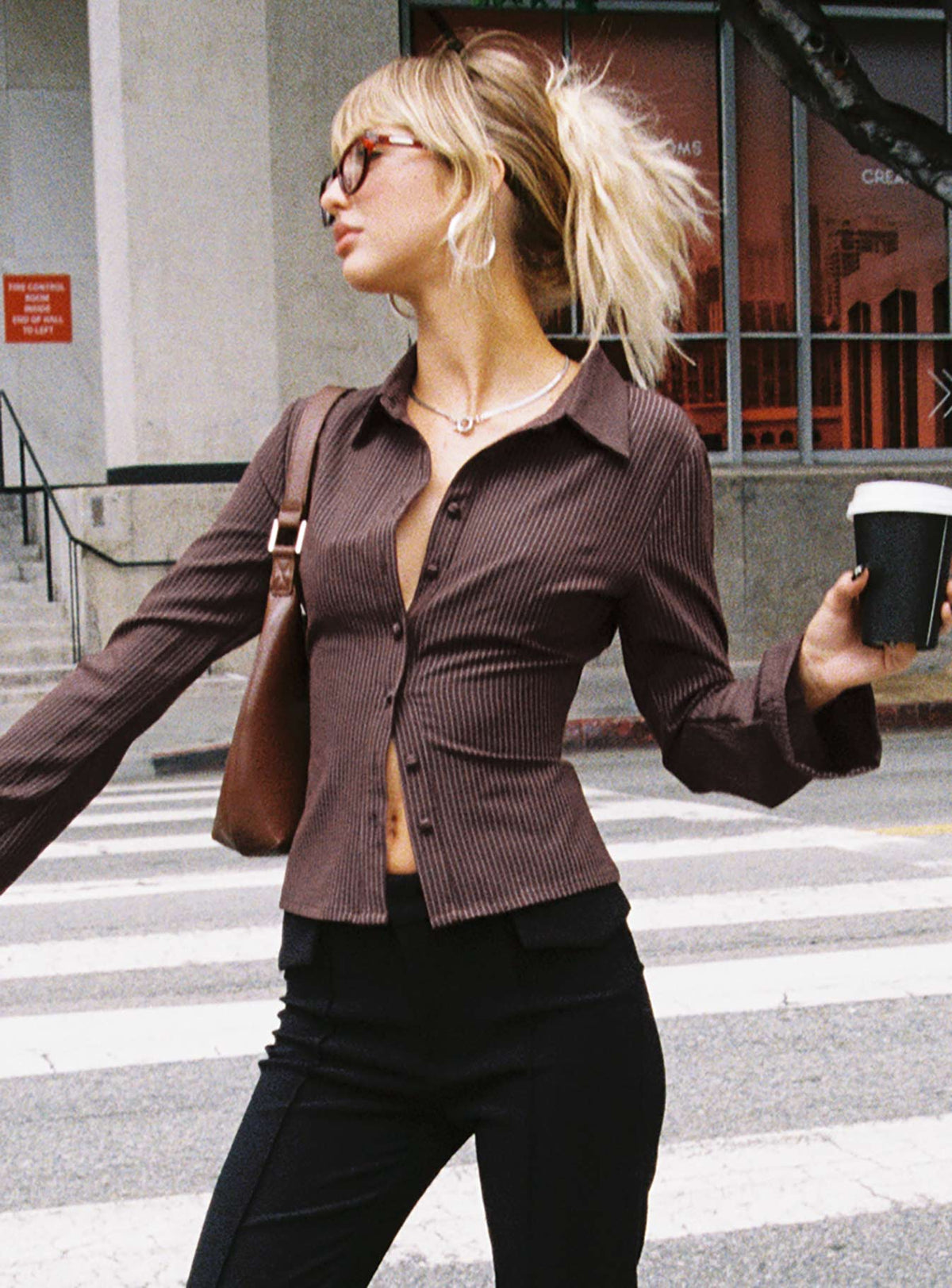 Anni Pinstripe Shirt Brown Petite