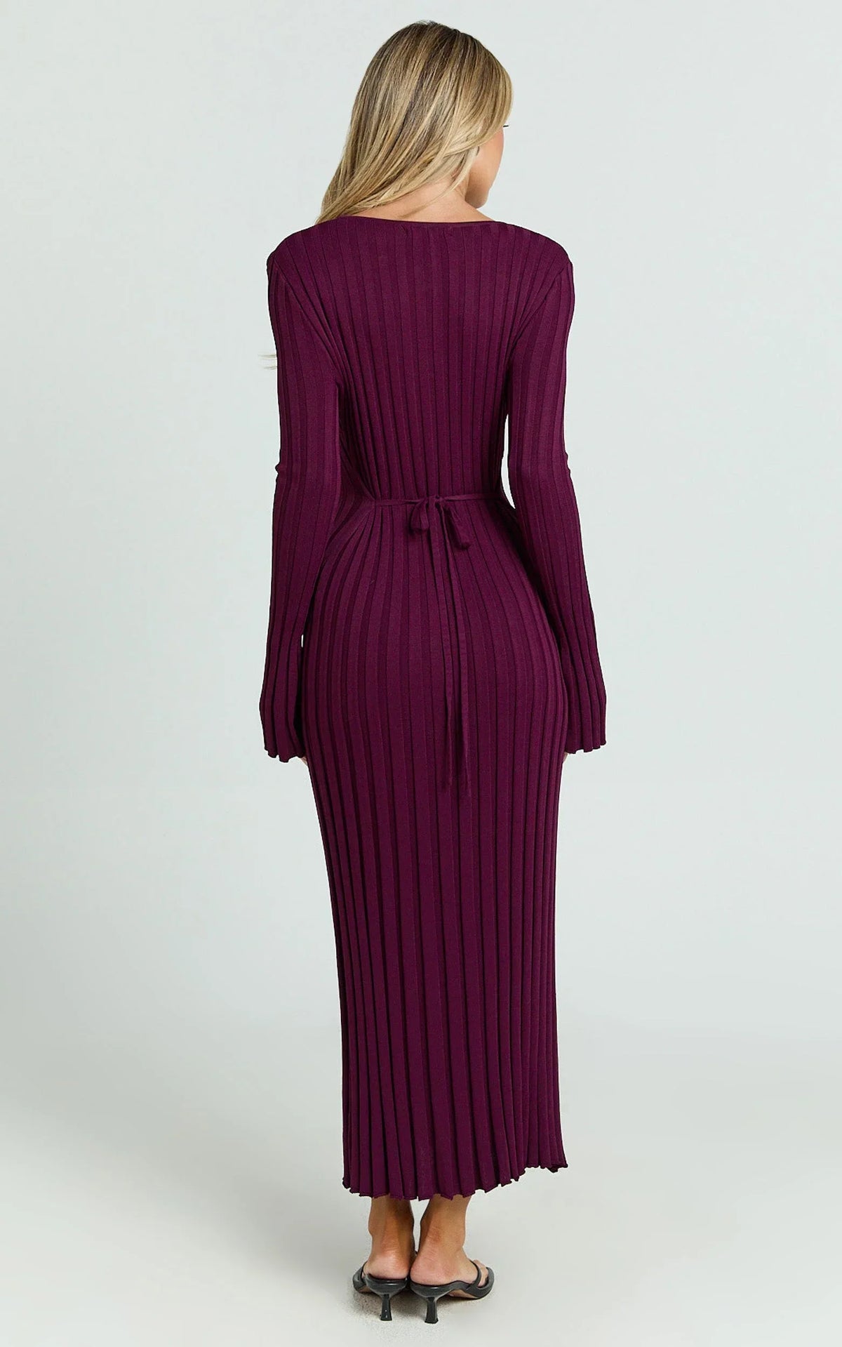 Blaire Midi Dress - Long Sleeve Tie Back Flare Dress in Wine