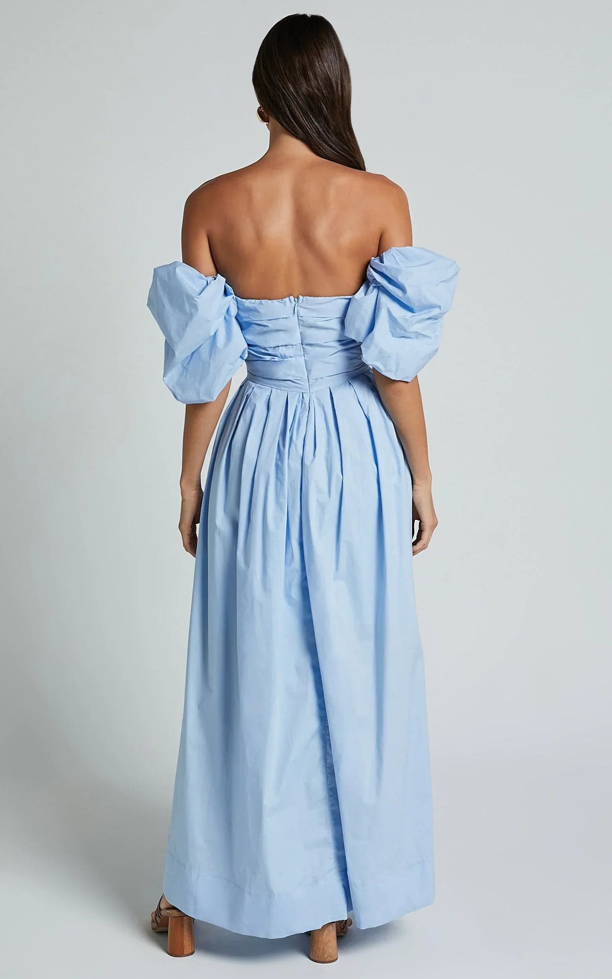 Annie Midi Dress - Off The Shoulder Ruffle Sleeve Pleated Dress in Pale Blue