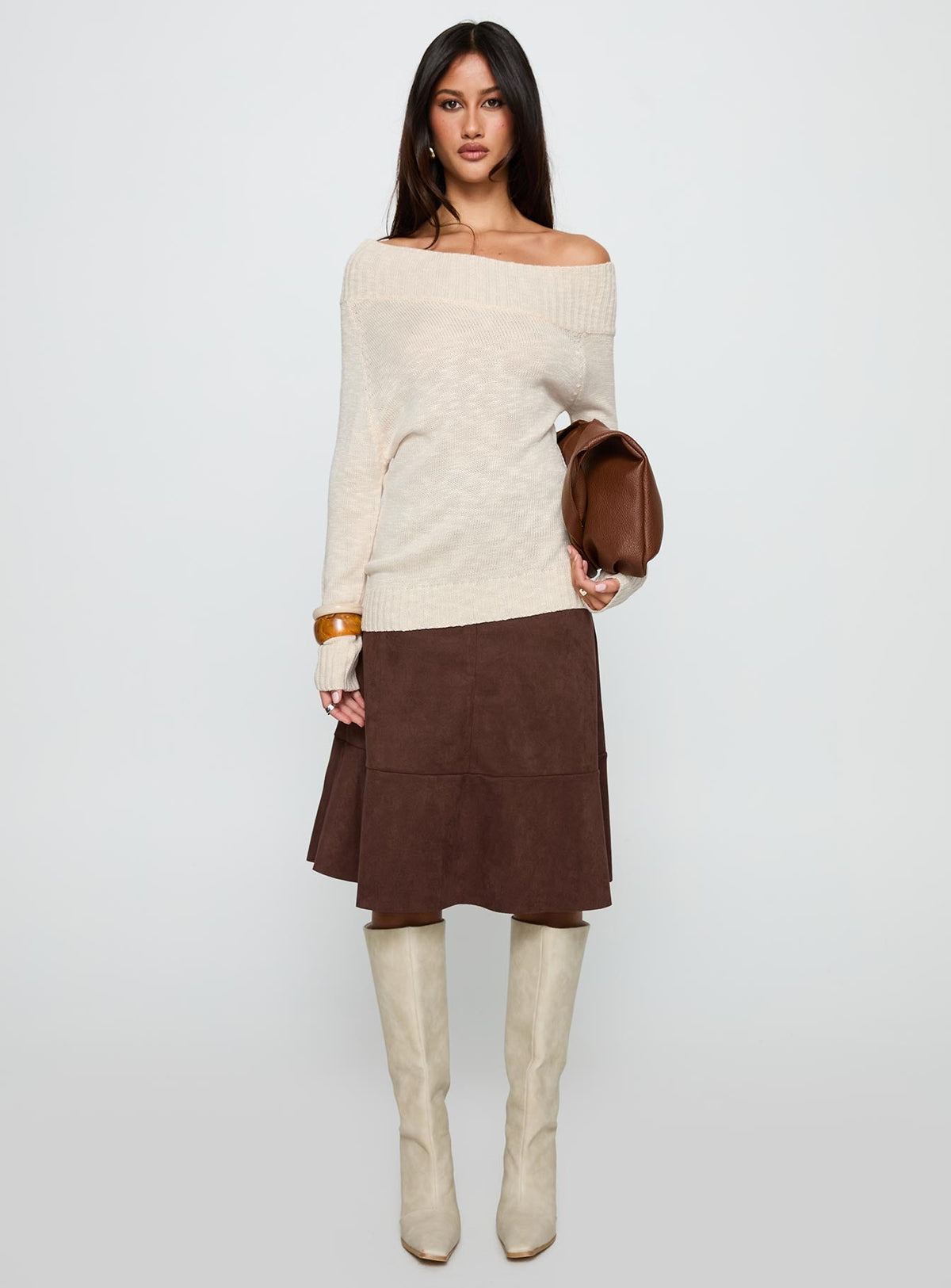 Alyxandra Off Shoulder Knit Sweater Beige