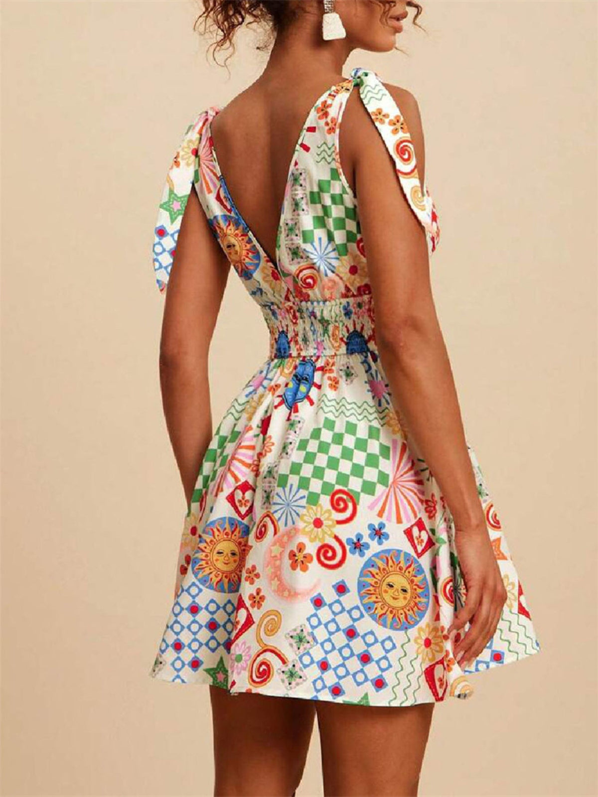 V-Neck Sleeveless Smocked Waist Printed Mini Dress