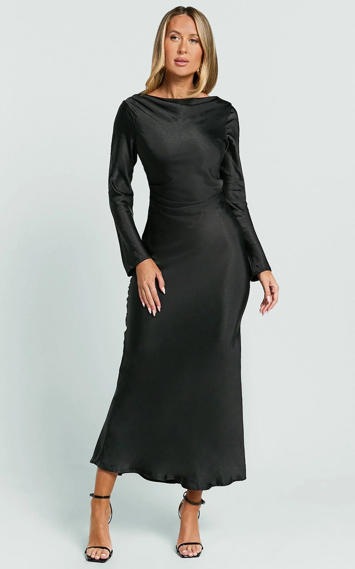 Arriana Midi Dress - Long Sleeve Cowl Back Satin Dress in Black