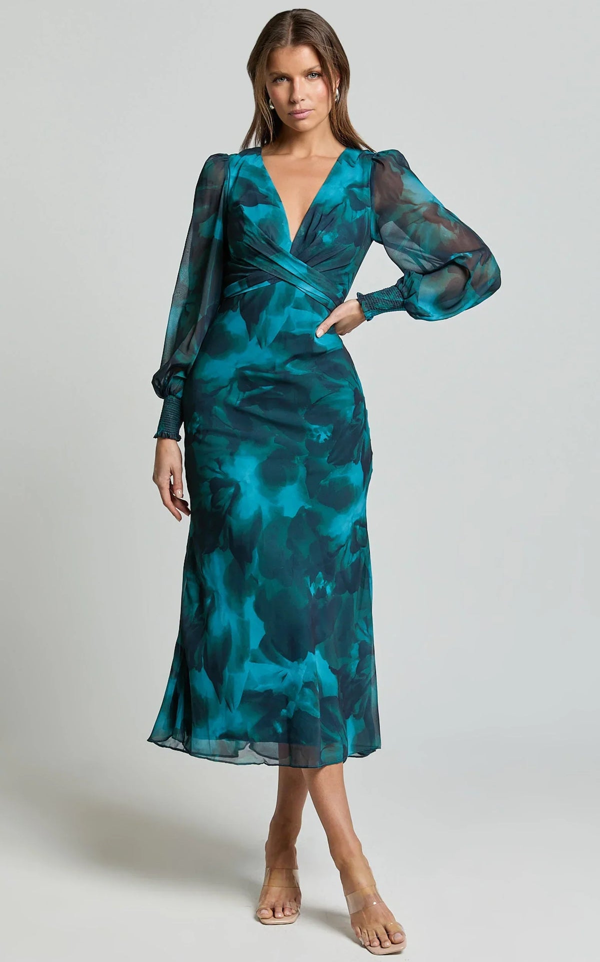 Artelia Midi Dress - V Neck Long Sleeve Slip Dress in Emerald