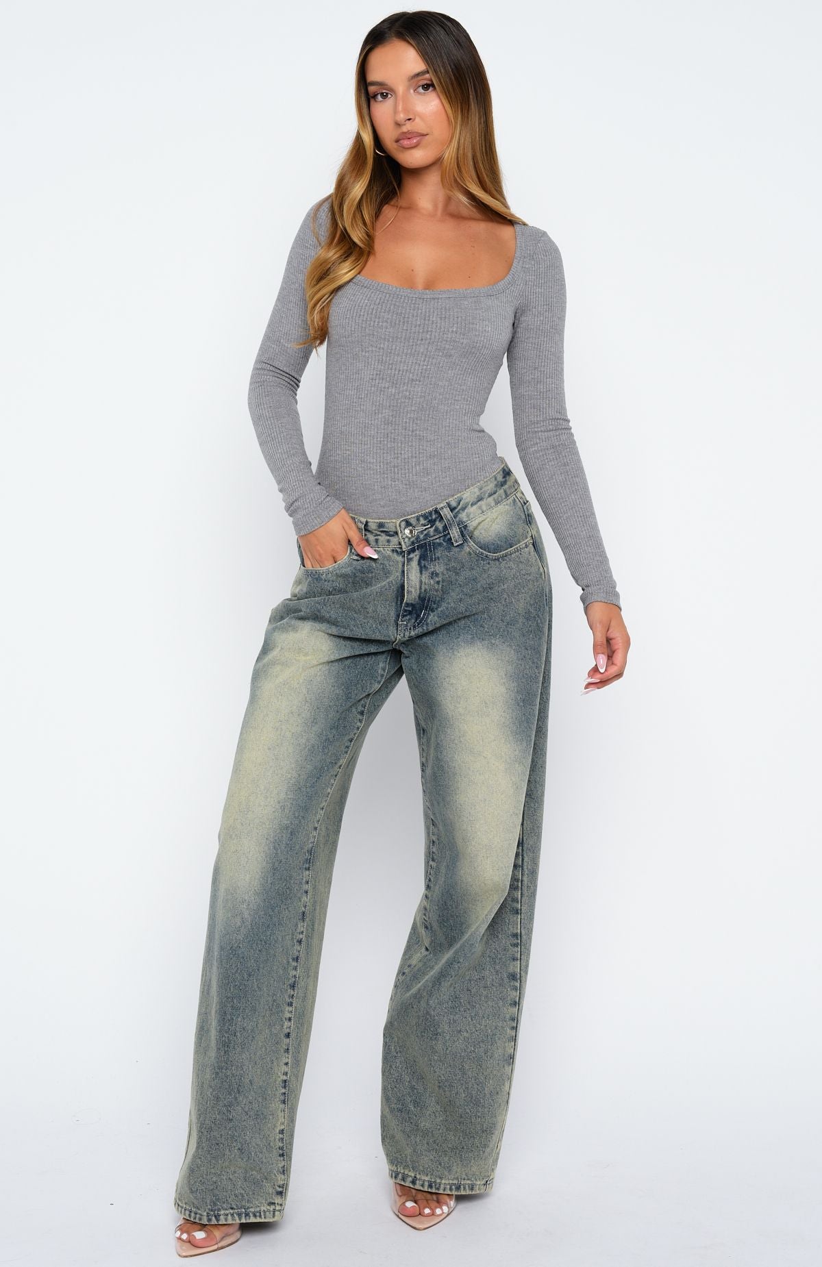 Easy Weekend Ribbed Long Sleeve Bodysuit Grey