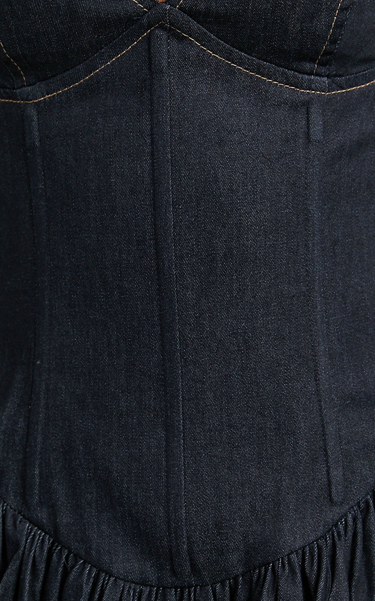 Betchie Mini Dress - Neck Strappy Drop Waist Gathered Skirt Denim Dress in Dark Raw Denim
