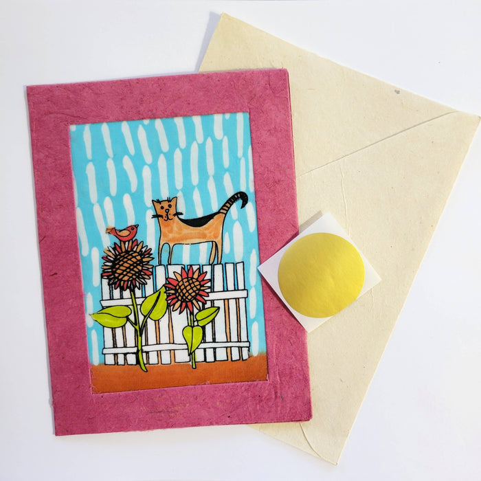 Cat on the Fence Batik Note Card