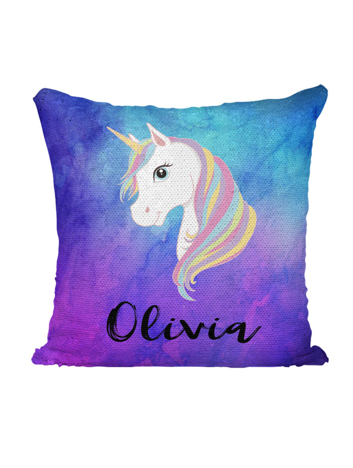 Custom Unicorn Sequin Mermaid Flip Pillow with Watercolors Background