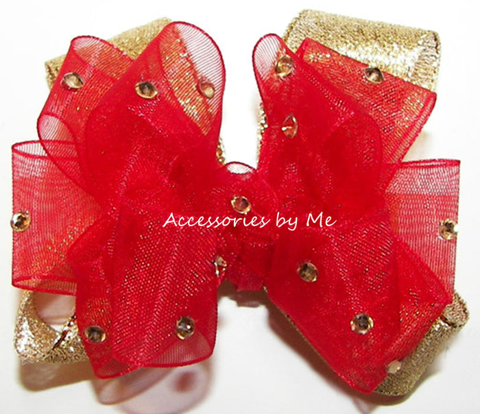 Glitzy Red Gold Hair Bow