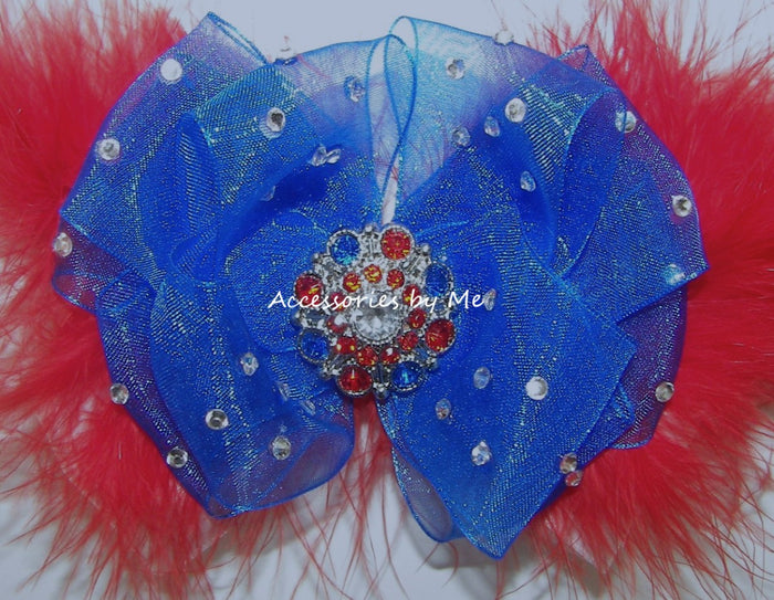 High Glitz Patriotic Red White Blue Organza Satin Marabou Hair Bow