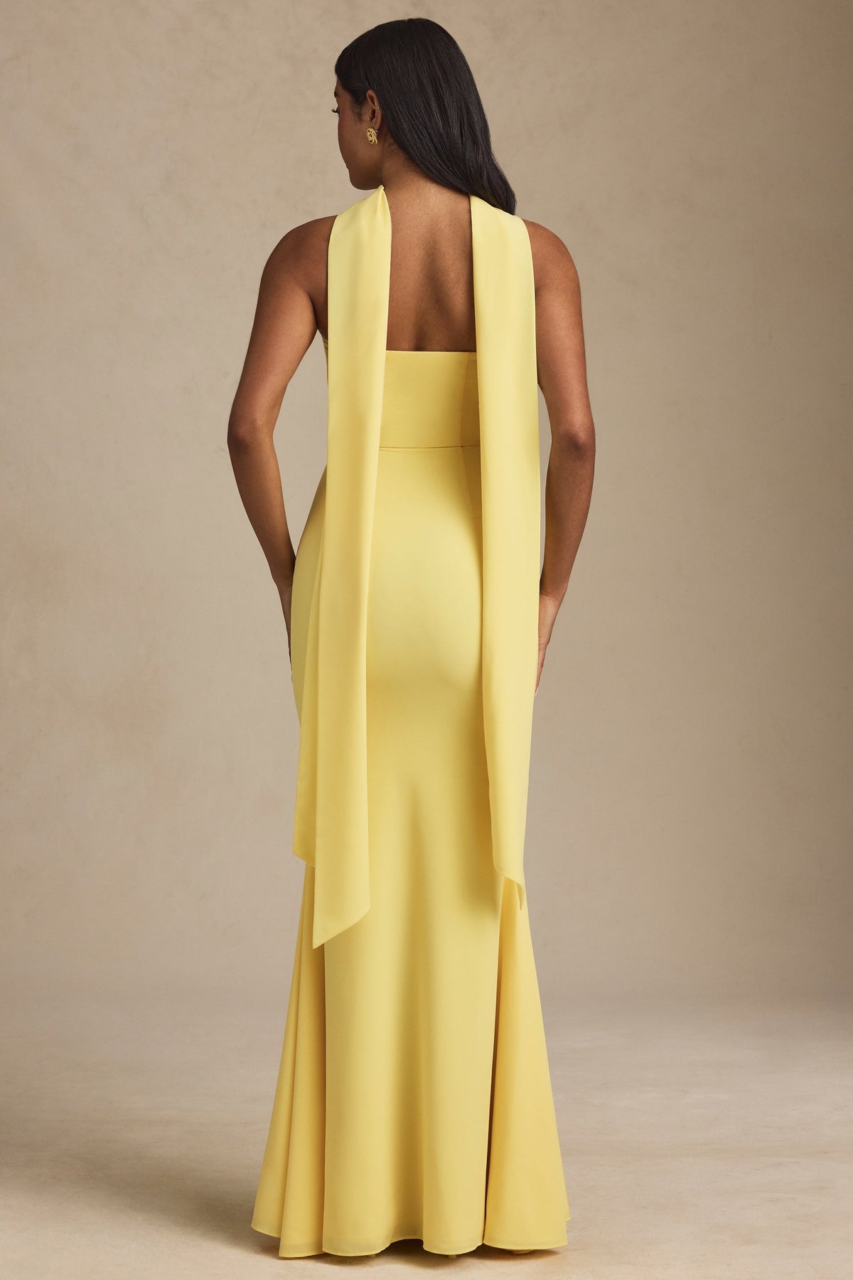 Scarf-Detail Strapless Gown in Pastel Yellow