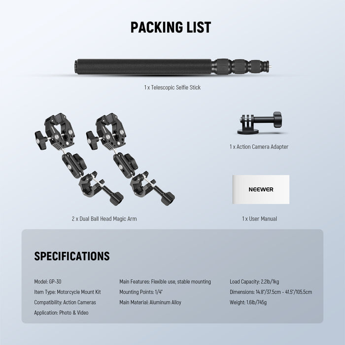Packing List of the NEEWER GP-30 Motorcycle Camera Mount Kit