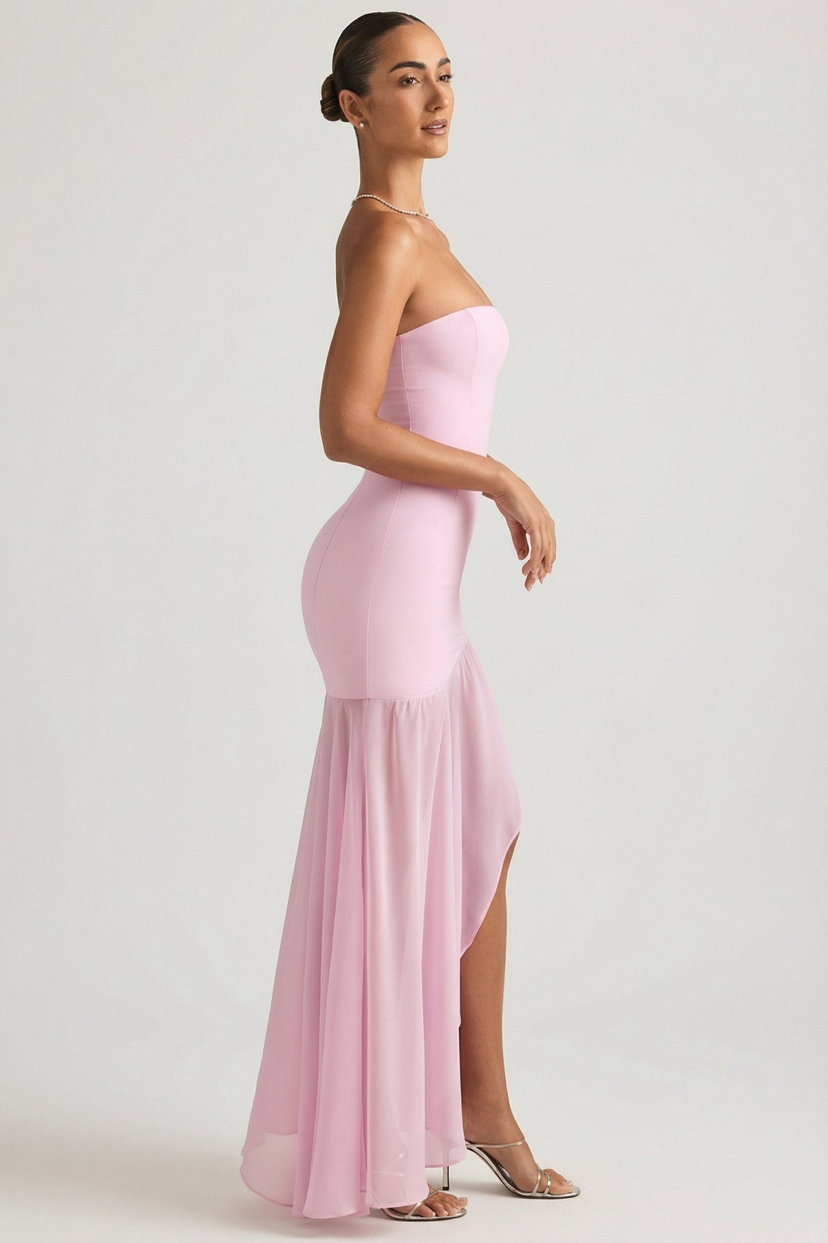 Asymmetric Strapless Fishtail Maxi Dress in Soft Pink