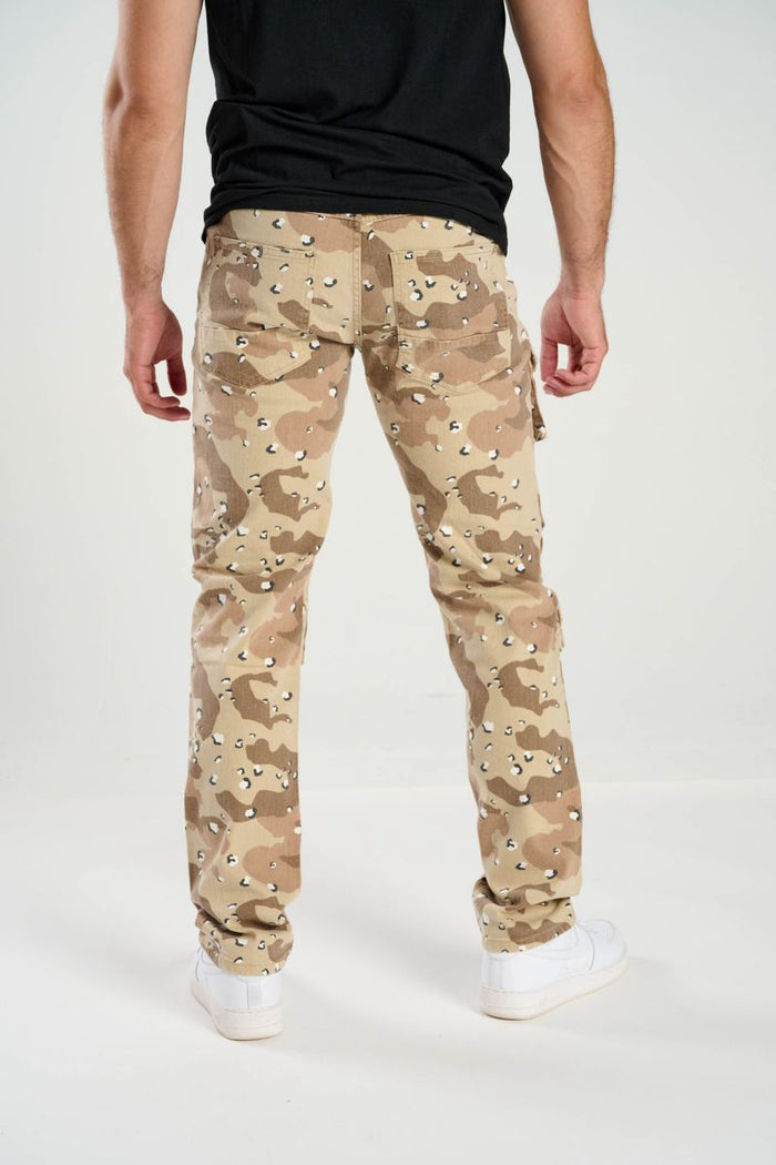 Taker Multi Pocket Slim Straight Camo Denim Pants in Desert Camo with multiple front and side pockets.