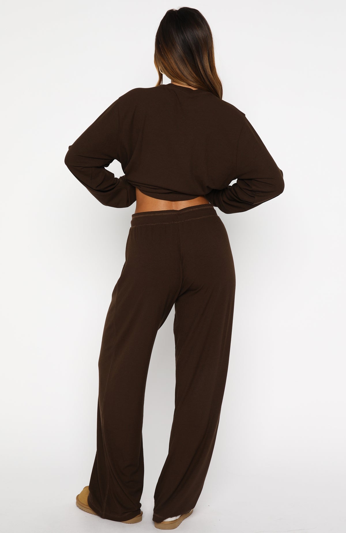 Come A Long Way Soft Lounge Ribbed Wide Leg Pants Chocolate