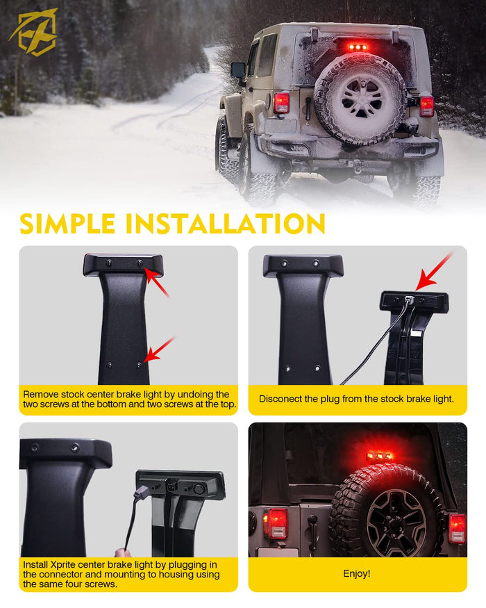 Xprite LED Third Brake Light for 2007–2018 Jeep Wrangler JK/JKU | High Mount Stop Light Plug & Play Upgrade