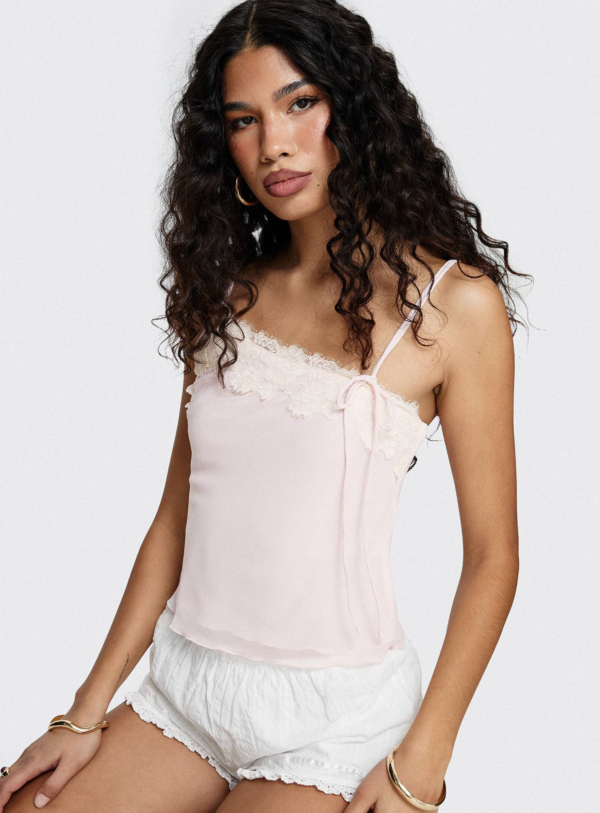 Ashlen Lace Trim Asymmetrical Top Pink