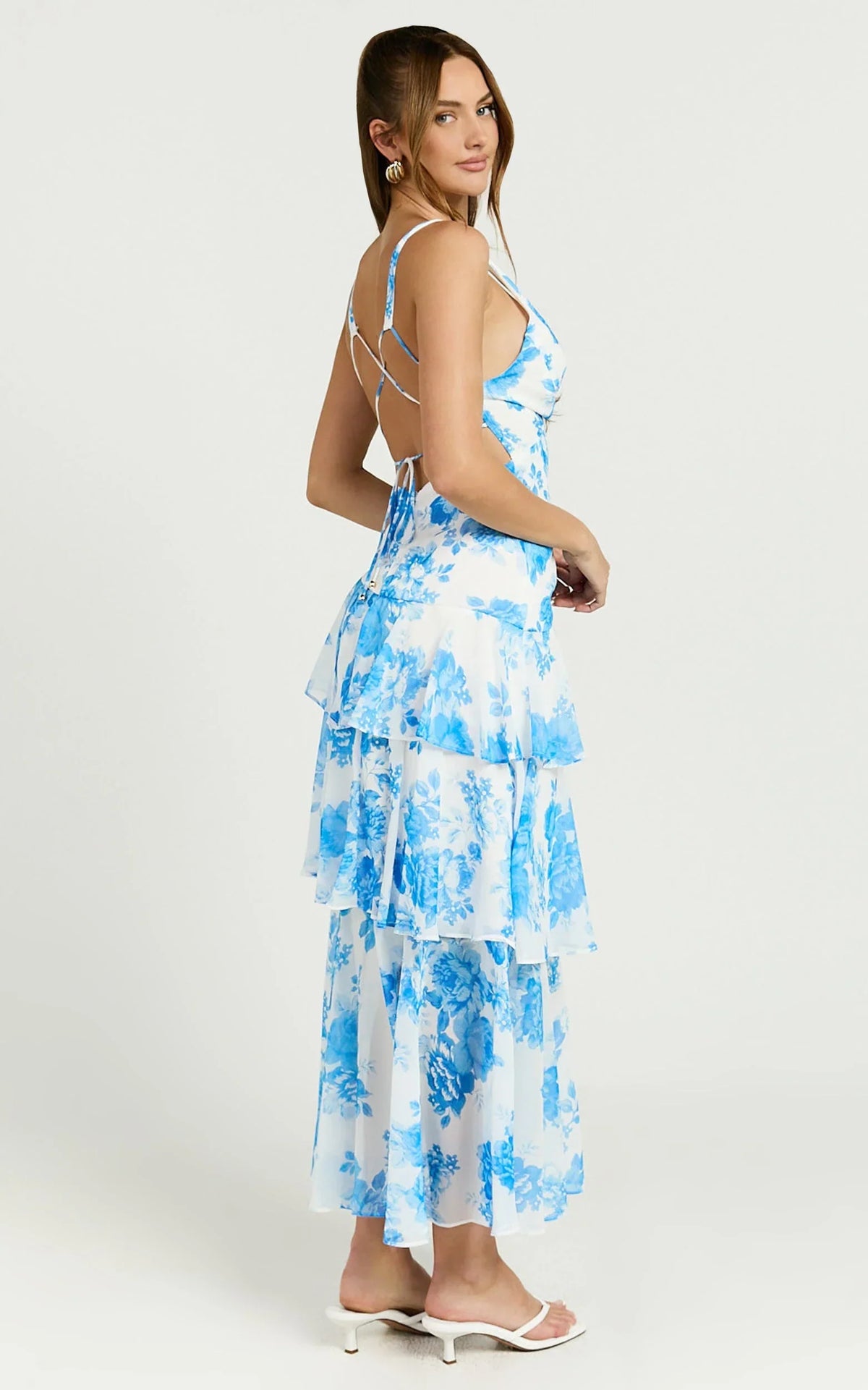 Beryl Midi Dress - Deep V Neck Sleeveless Layered Dress in Blue Floral