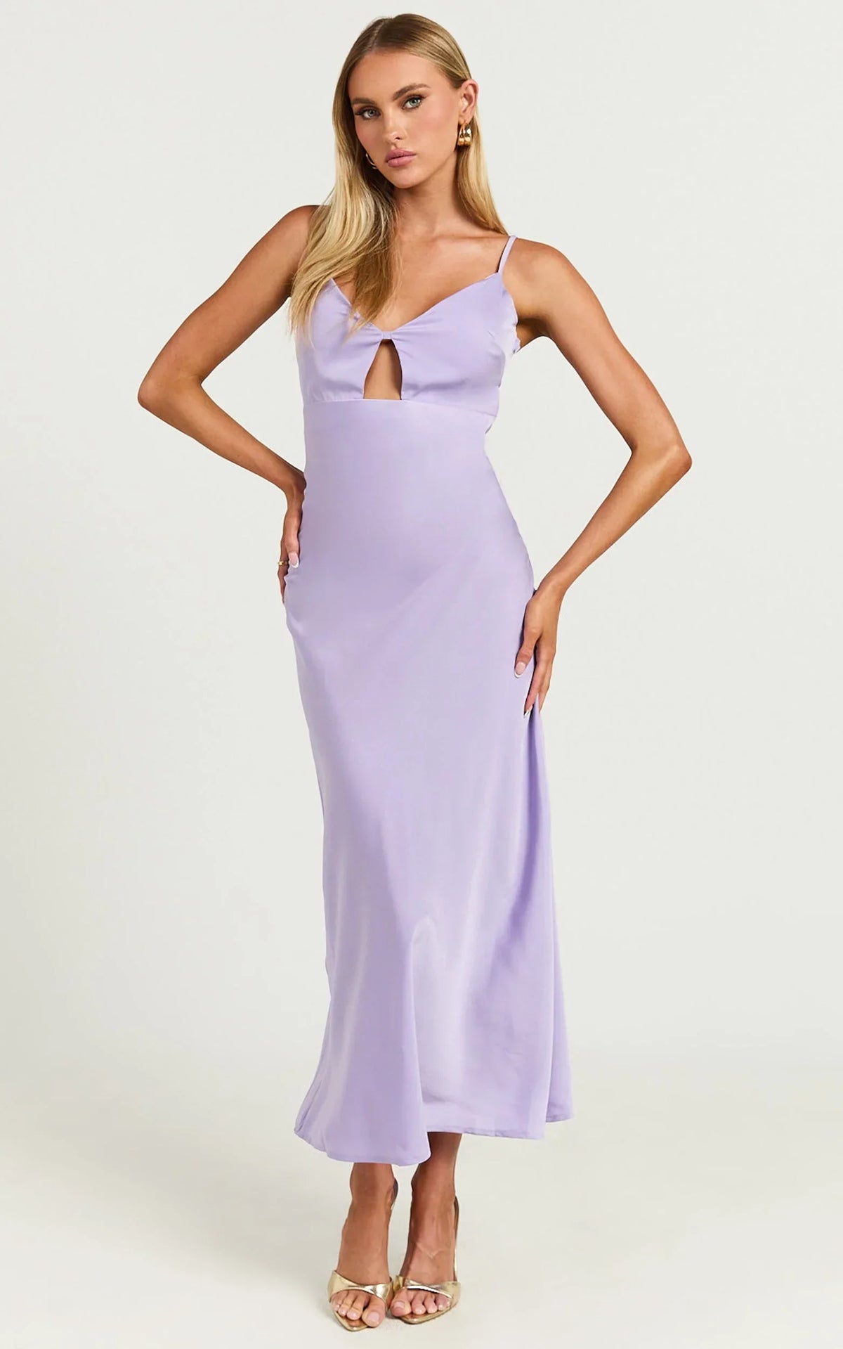 Amitola Midi Dress - V Neck Cut Out Slip Dress in Lilac