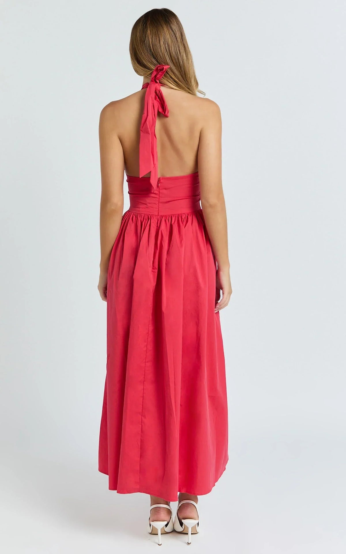Belle Midi Dress - Keyhole Halter With V Yoke Dress in Red
