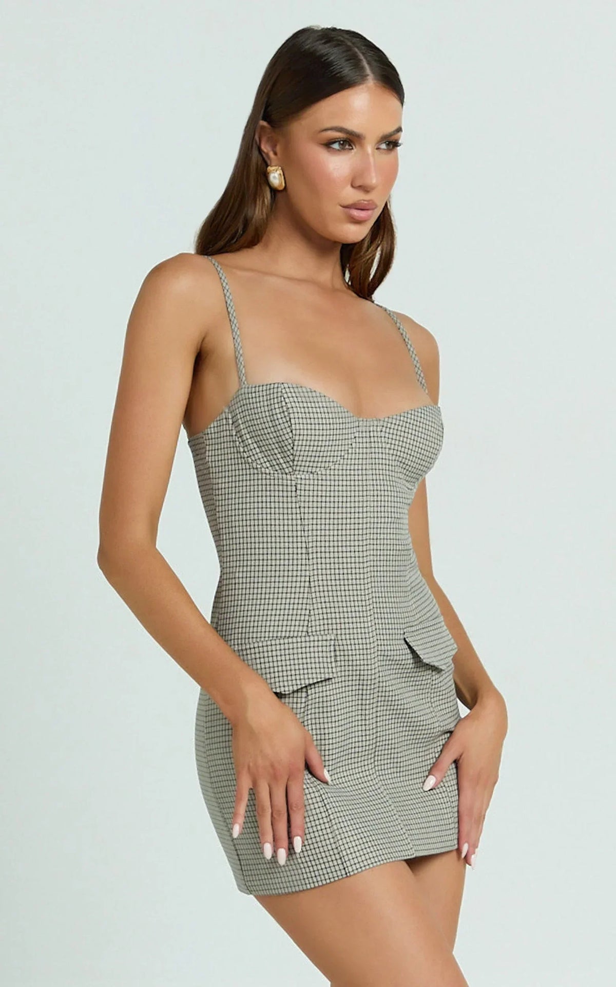 Angela Mini Dress - Sweetheart Neck Bodycon Checkered Dress in Beige Check