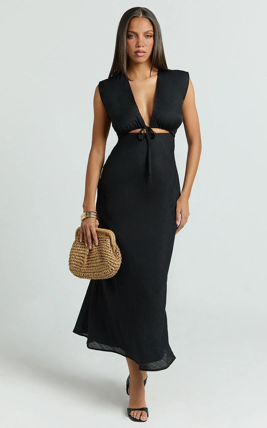 Beatrice Midi Dress - Plunge Neck Tie Cut Out Front Dress in Black