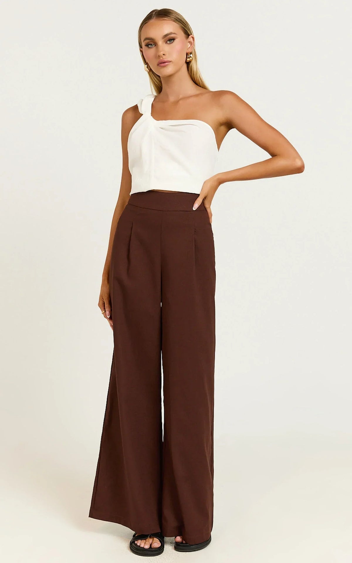 Alina Pants - Linen High Waisted Wide Leg Relaxed Pants in Chocolate