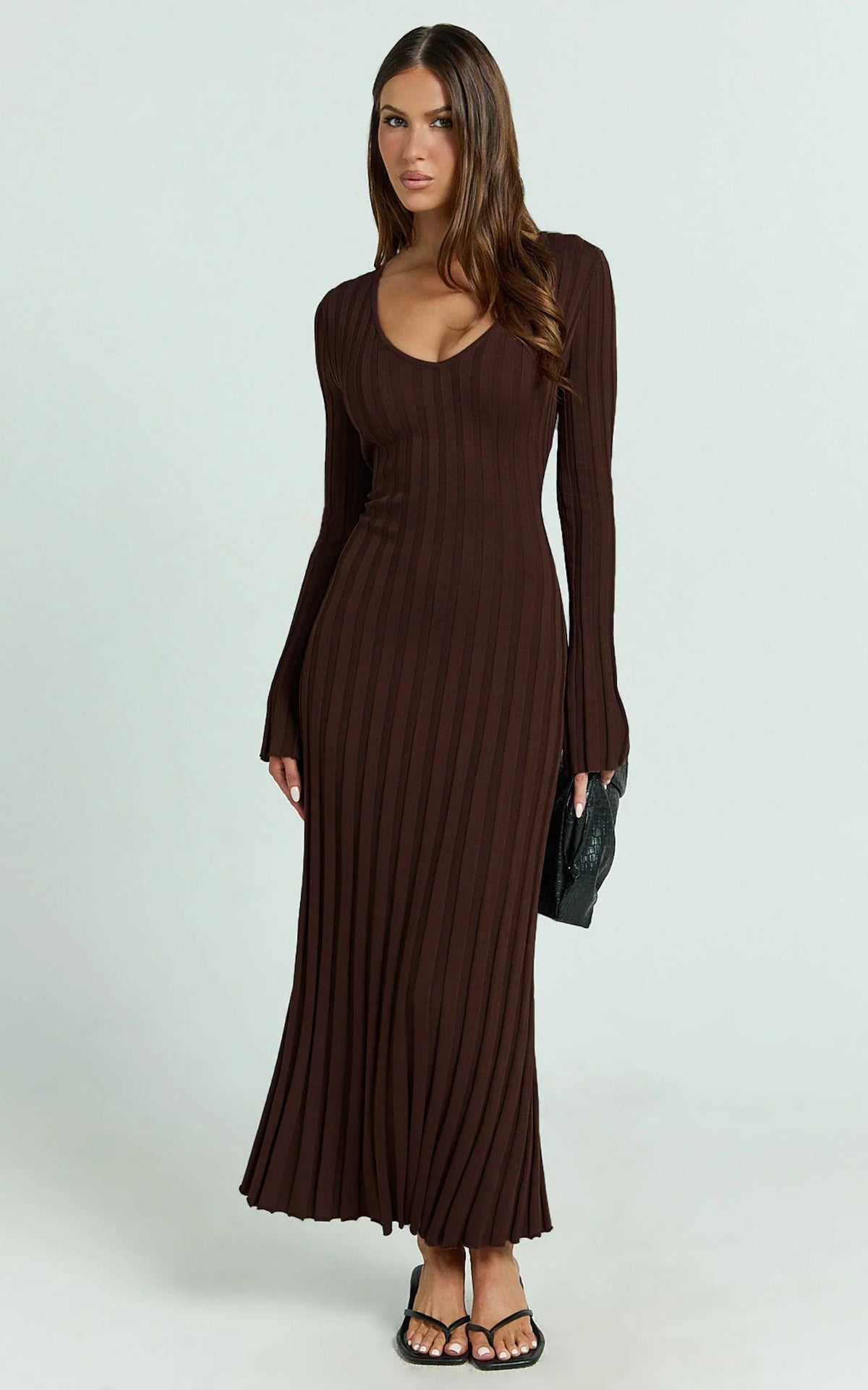 Astra Maxi Dress - V Neck Long Sleeve Knit Dress in Chocolate