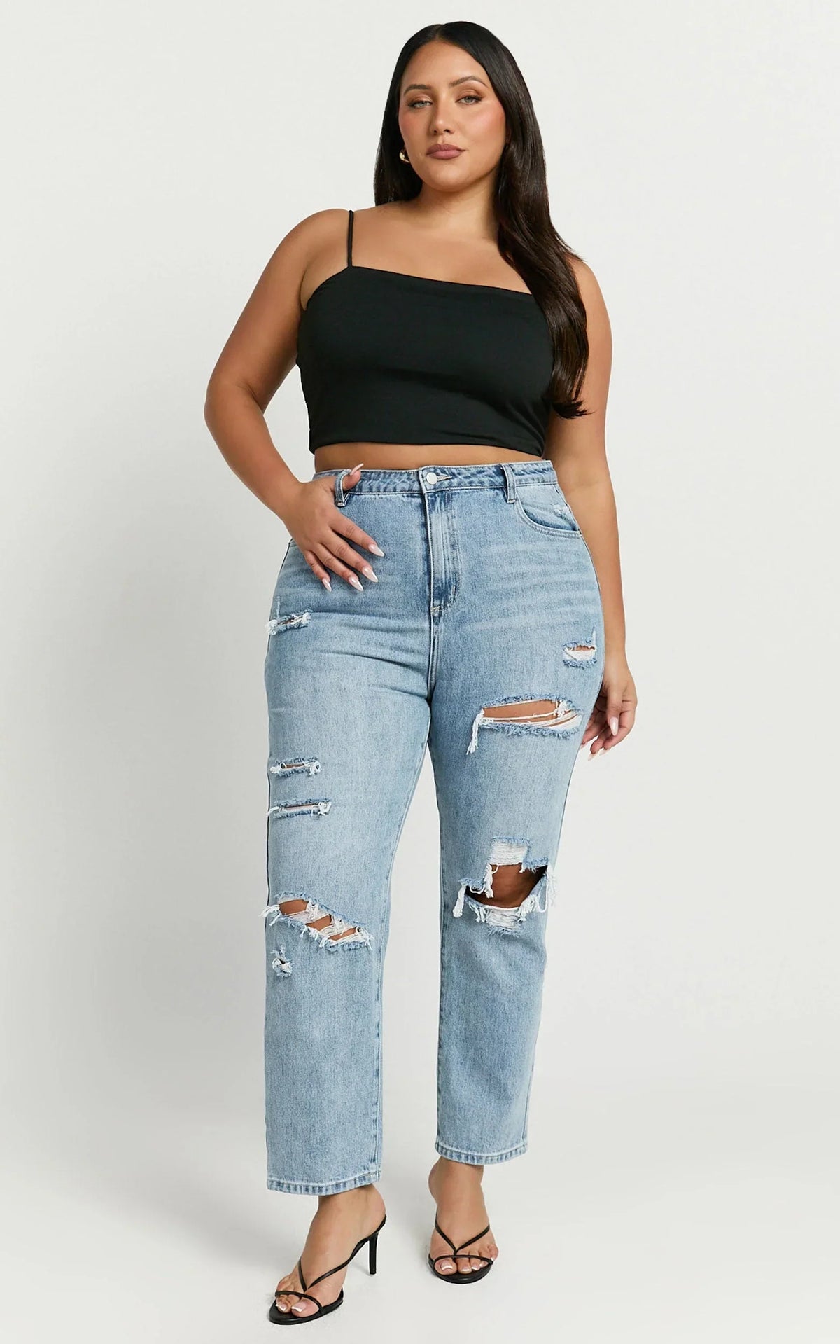 Billie Jeans - High Waisted Cotton Distressed Mom Denim Jeans in Mid Blue Wash