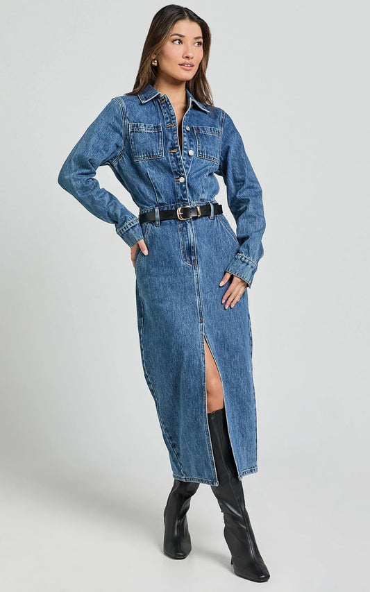 Alison Midi Dress - Long Sleeve Front Split Denim Dress in Mid Blue Wash