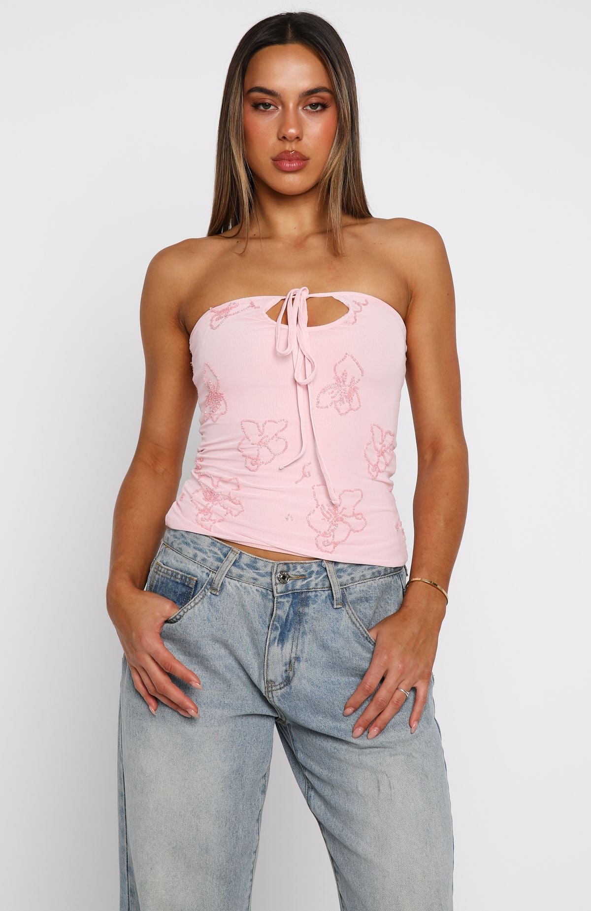Glow Season Beaded Strapless Top Baby Pink