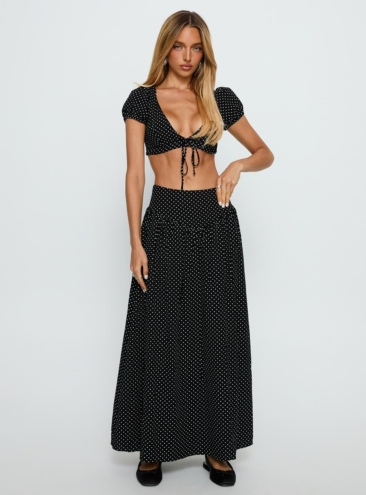 Alletta Drop Waist Maxi Skirt Black Polka