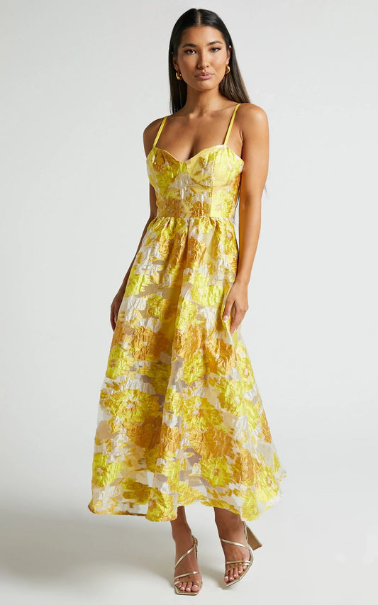 Brailey Midi Dress - Aline Corset Detail Dress in Yellow