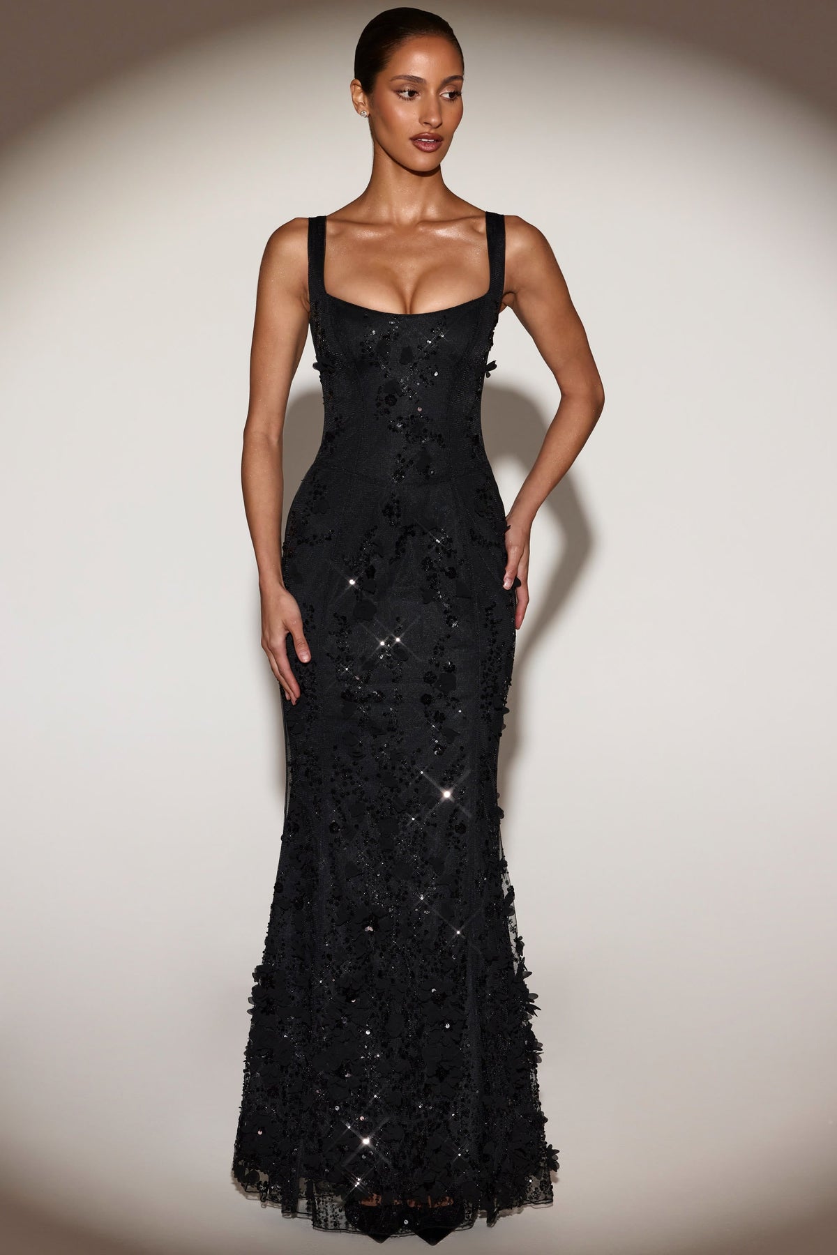 Embellished Appliqué Soft-Scoop Corset Gown in Black
