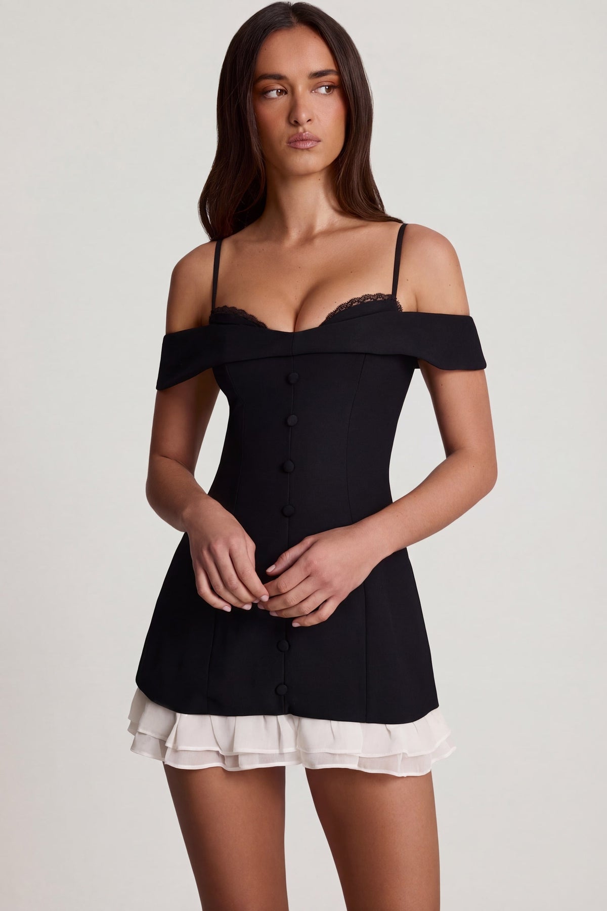 Off-Shoulder Ruffle A-Line Mini Dress in Black