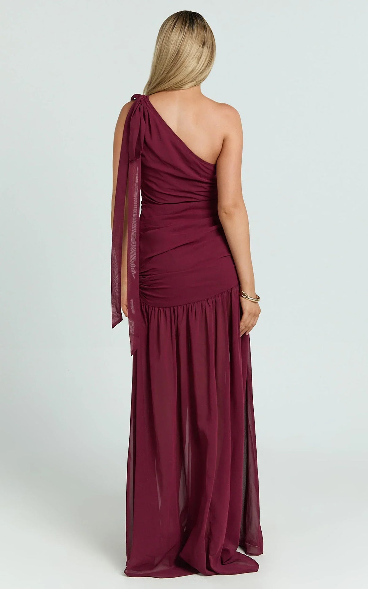 Behati Maxi Dress - One Shoulder Cut Out Fit And Flare Dress in Wine