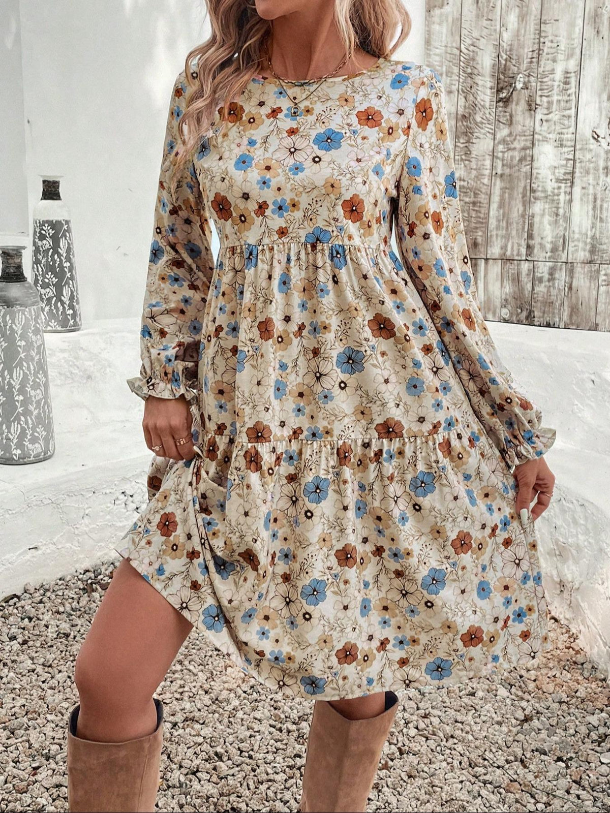 Floral Print Long Sleeve Tiered Dress