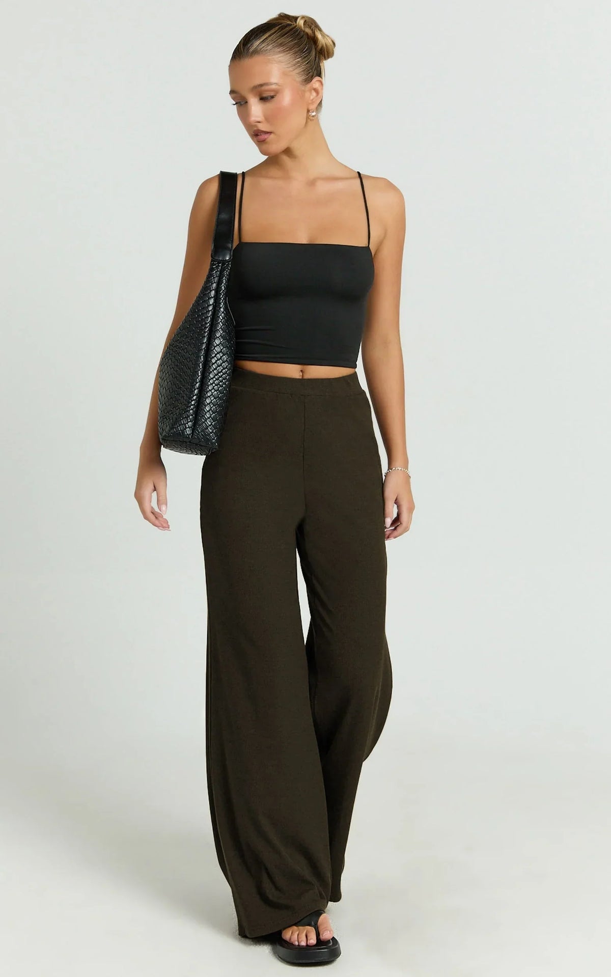 Amalthea Pants - High Waisted Jersey Rib Wide Leg Pants in Chocolate