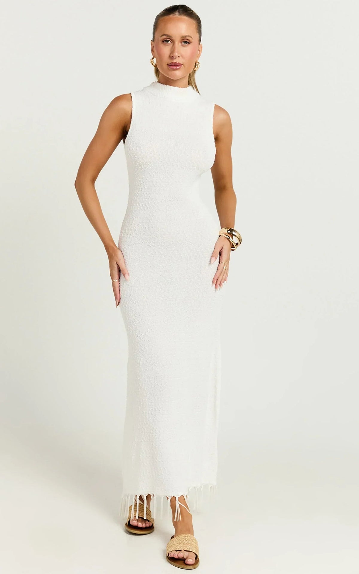 Beatrice Maxi Dress - High Neck Bodycon Knit Dress in White