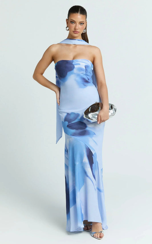 Angie Maxi Dress - Strapless Bias Column Dress with Scarf in Blue Print