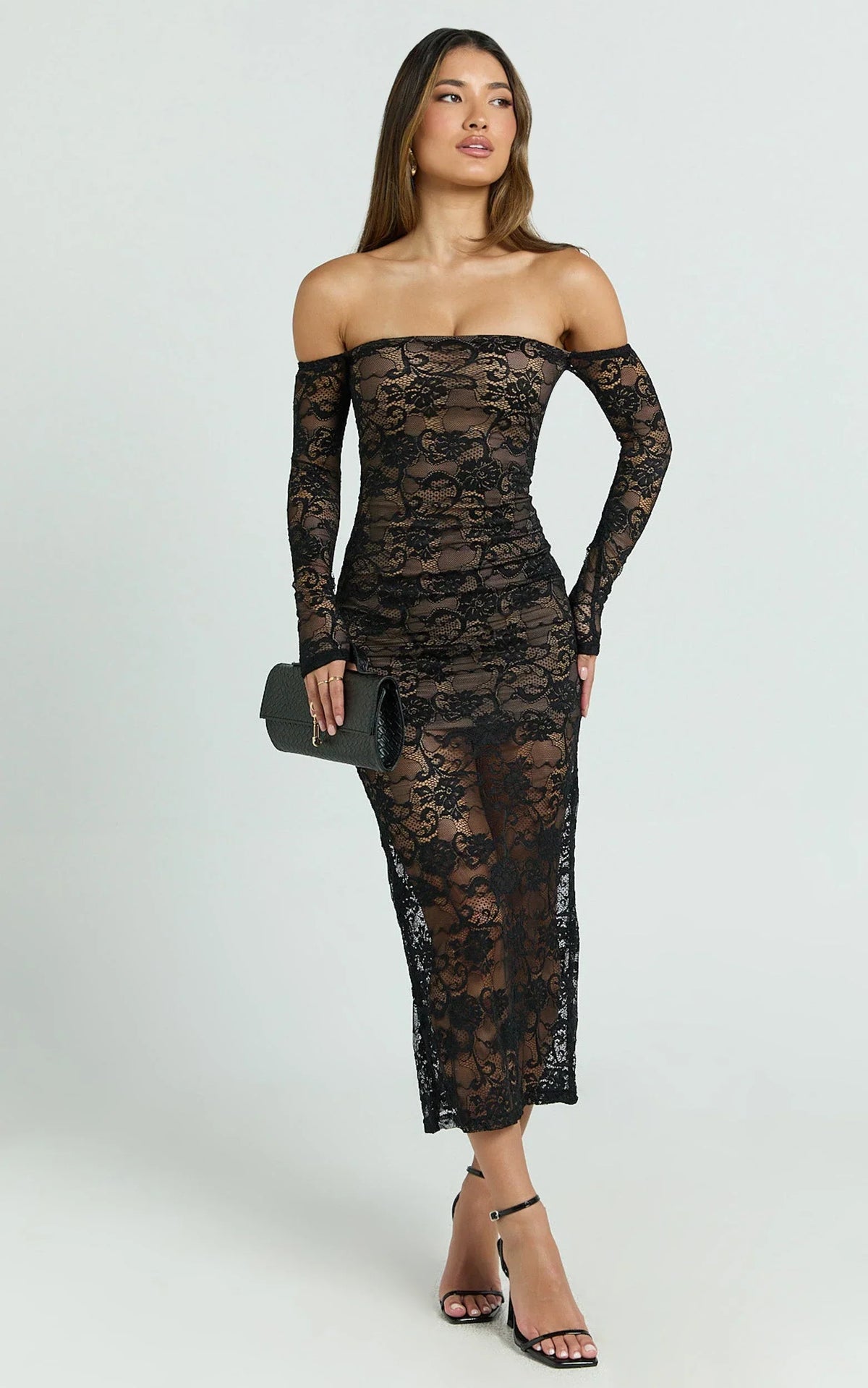 Amery Midi Dress - Off Shoulder Long Sleeve Stretch Fitted Skirt Dress in Black