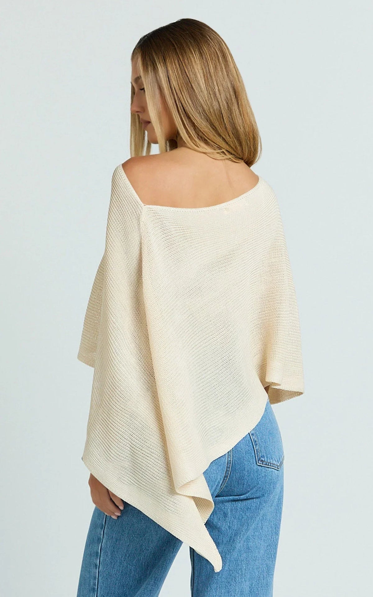 Amarie Top - Sheer Knit Off Shoulder Cape Top in Cream