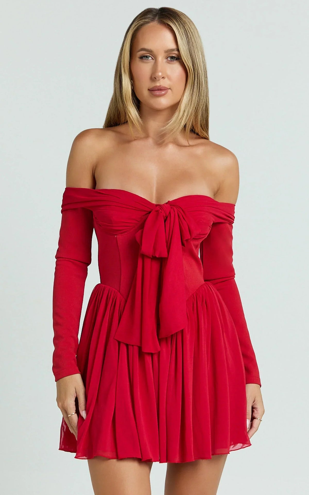 Bennett Mini Dress - Off Shoulder Long Sleeve V Waist Dress in Red
