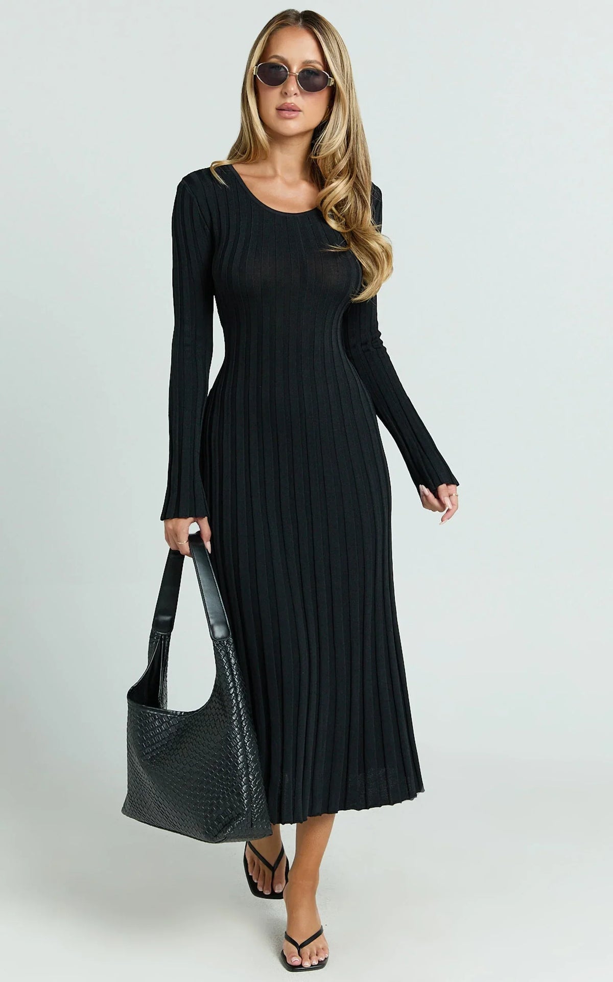 Blaire Midi Dress - Long Sleeve Tie Back Flare Dress in Black