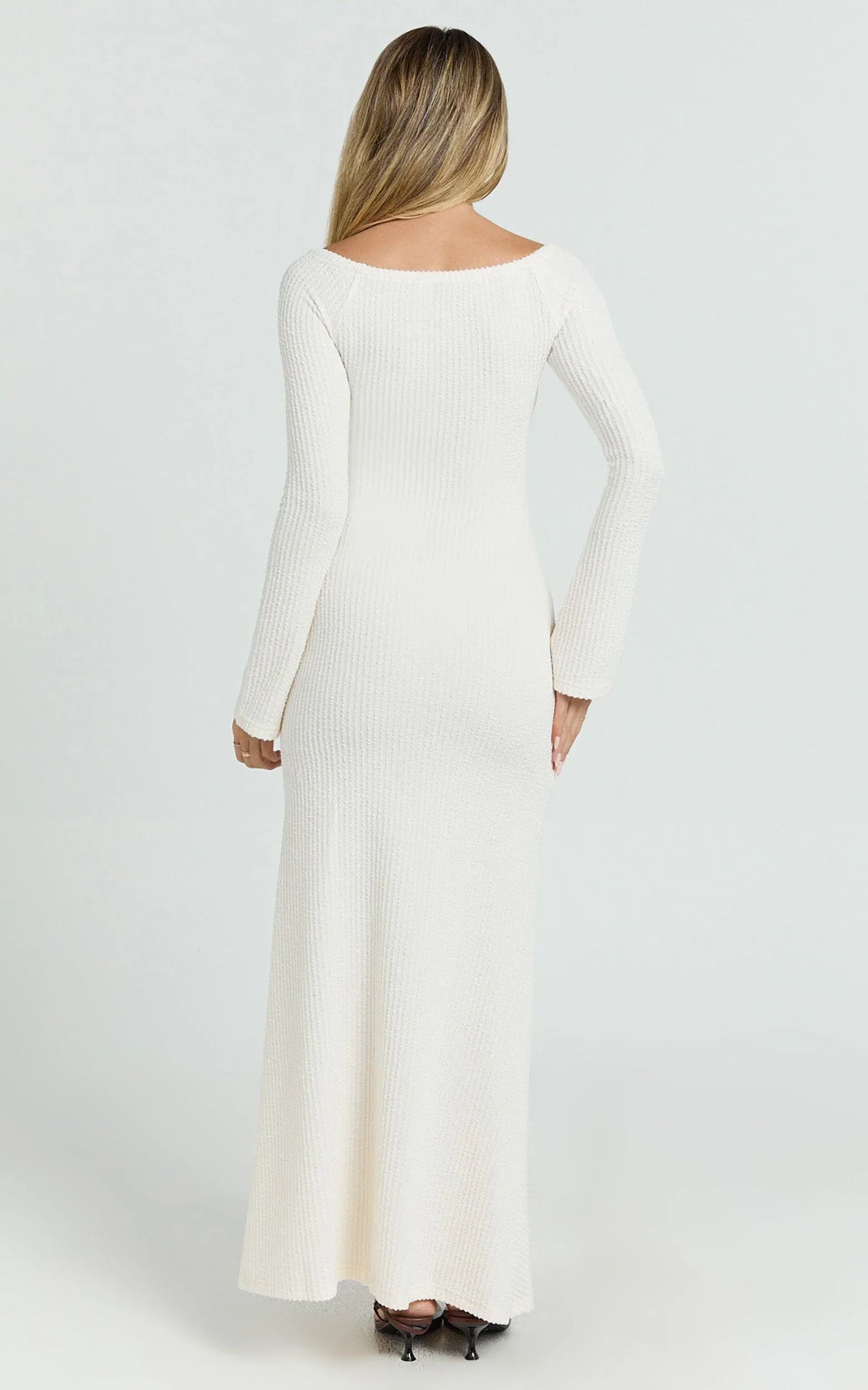 Ayla Maxi Dress - Off Shoulder Flared Sleeve Bodycon Dress in Off White