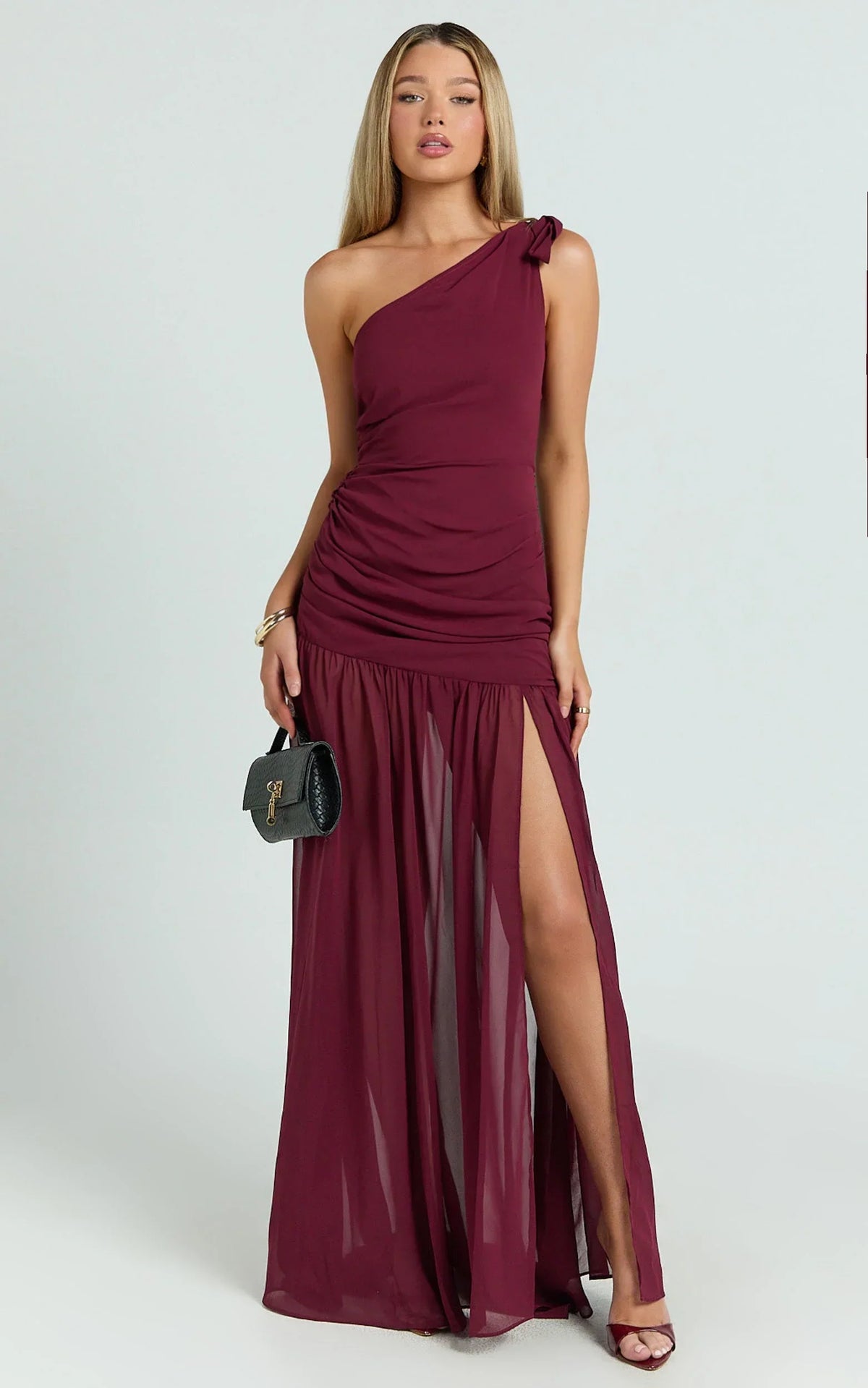 Behati Maxi Dress - One Shoulder Cut Out Fit And Flare Dress in Wine