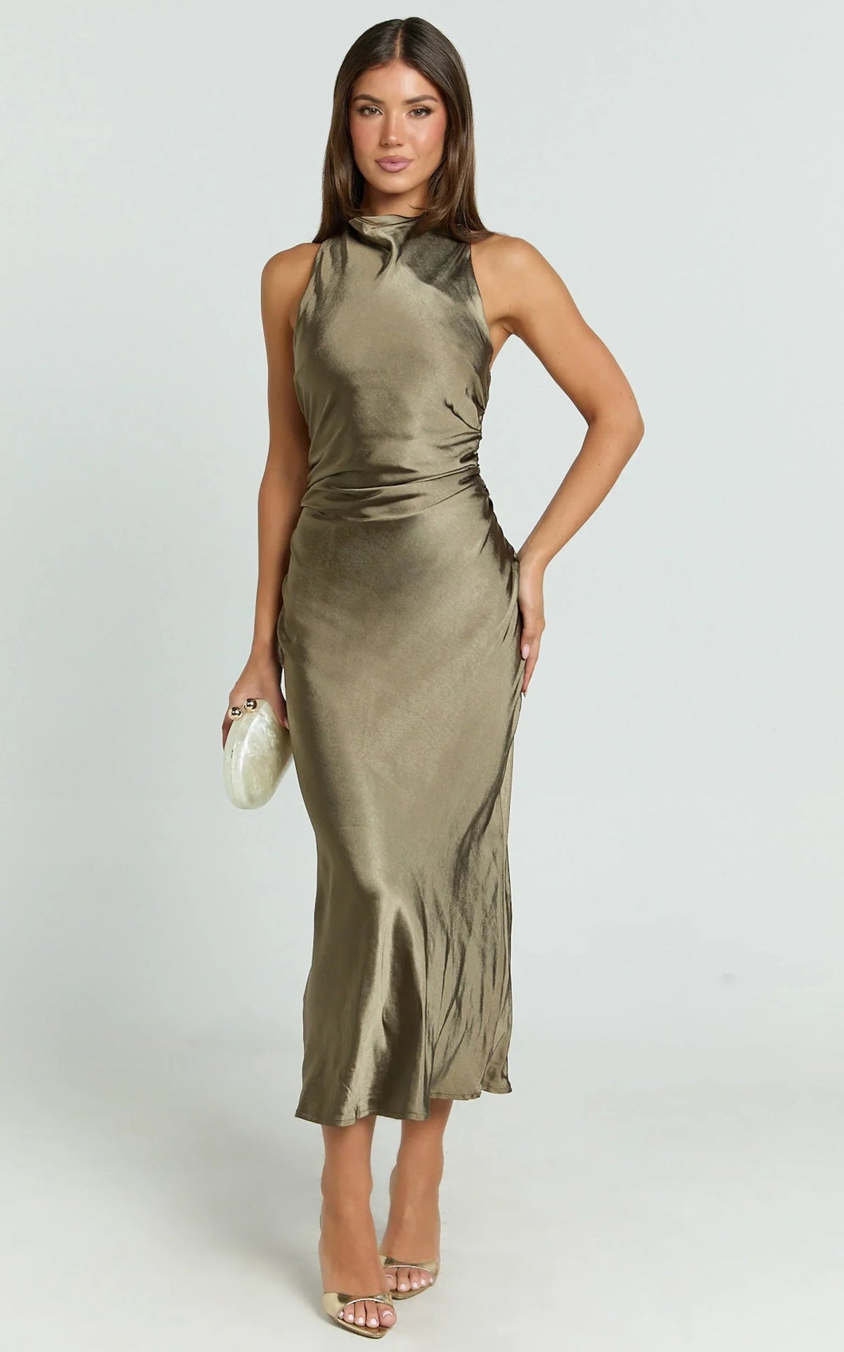 Aluna Midi Dress - High Neck Cross Back Satin Slip Dress in Olive