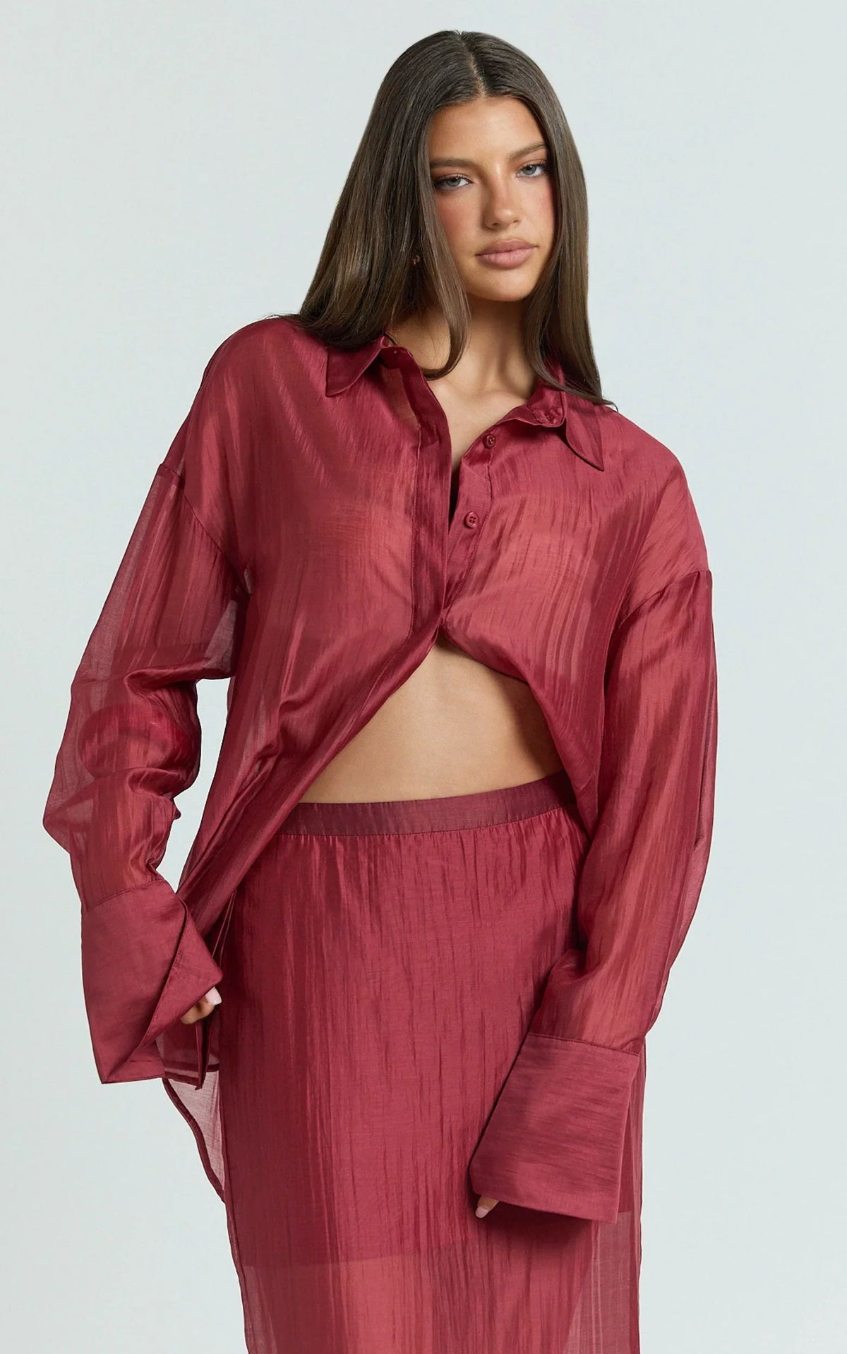 Amalia Top - Sheer Concealed Placket Collared Shirt in Cherry