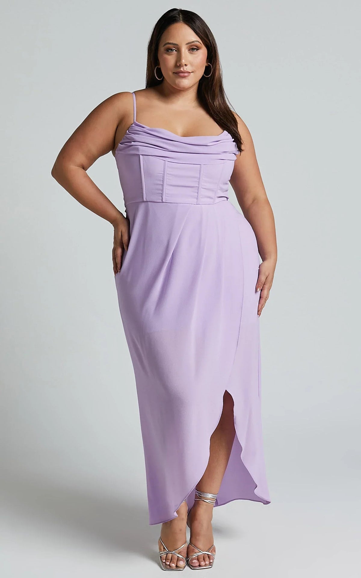 Andrina Midi Dress - High Low Wrap Corset Dress in Lilac