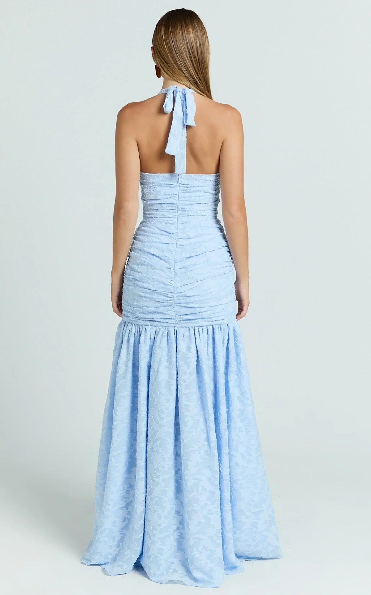 Bijou Maxi Dress - Embroidery Deep V Halter Ruched Dress in Ice Blue